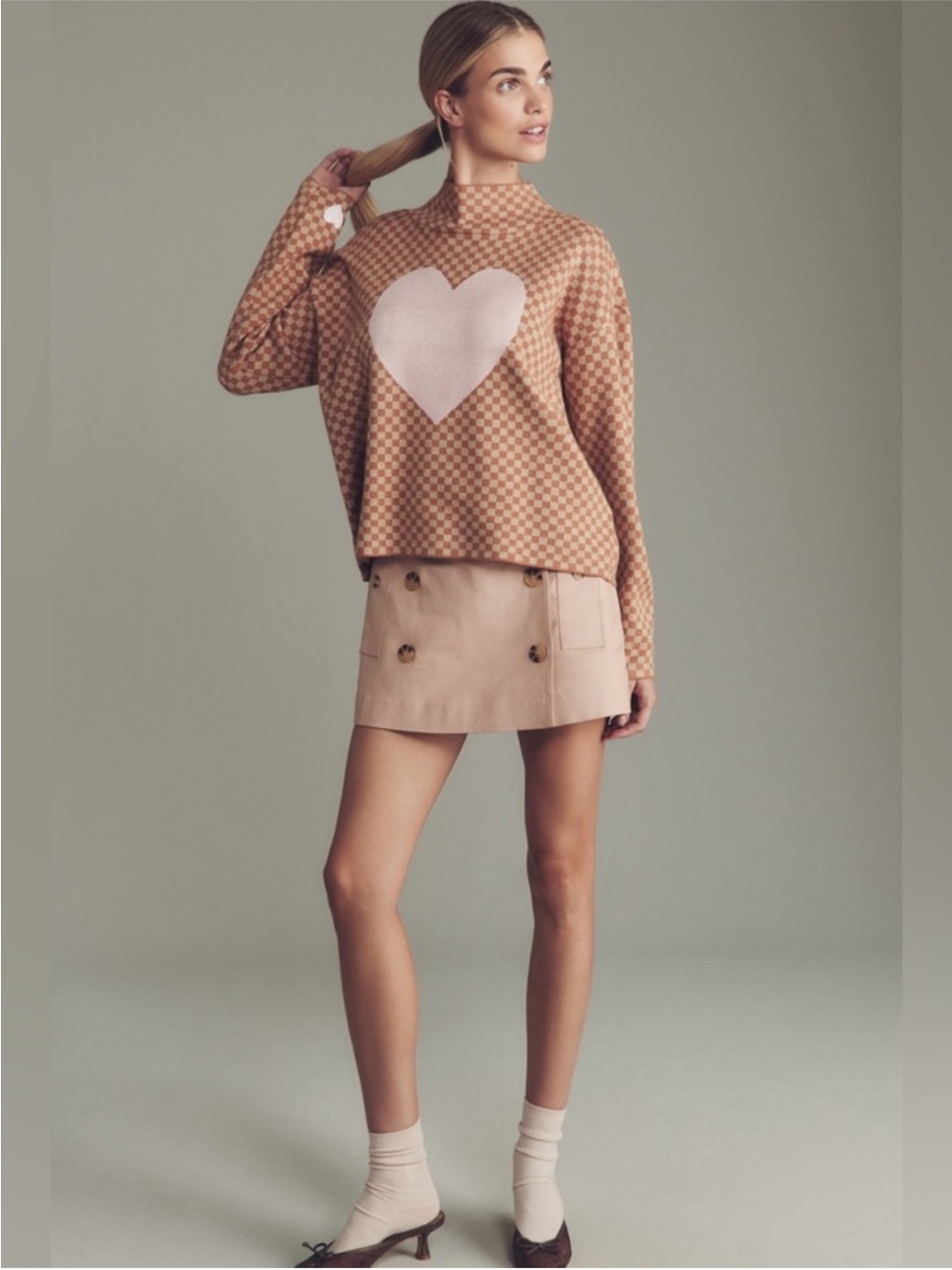 Anthropologie Maeve Cary’s Mock Neck Pullover Sweater Checkered Heart Funnel